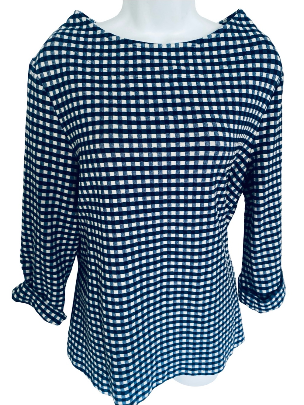 Sara Campbell Blue and White Gingham Boatneck Top - M knit